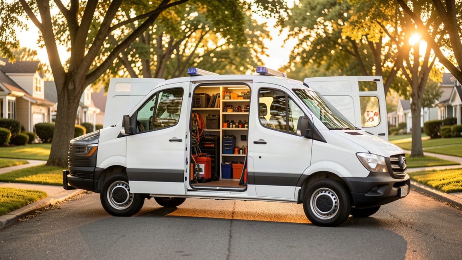 Service van on a suburban street